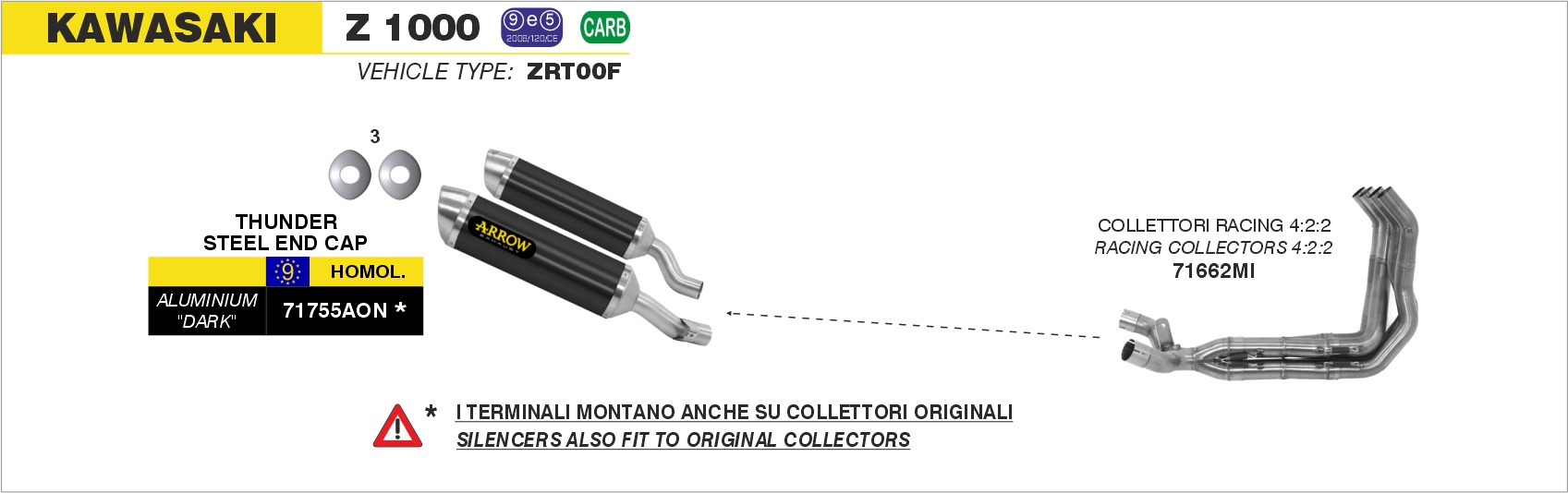 Kawasaki Z1000 2014 2015 2016 Arrow Exhaust