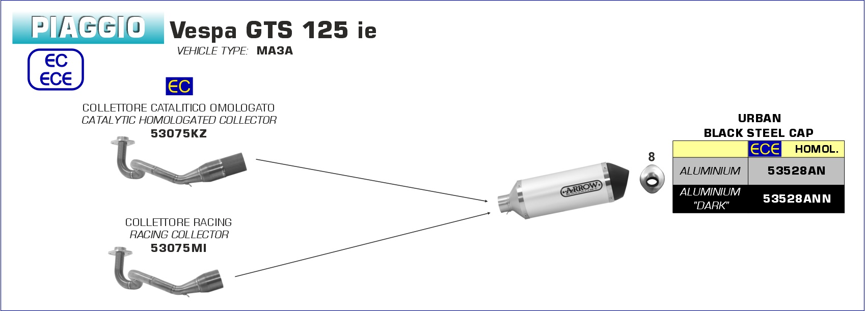 Piaggio Vespa GTS 125 2008 2009 2010 2011 2012 2013 2014 2015 2016 Arrow Exhaust